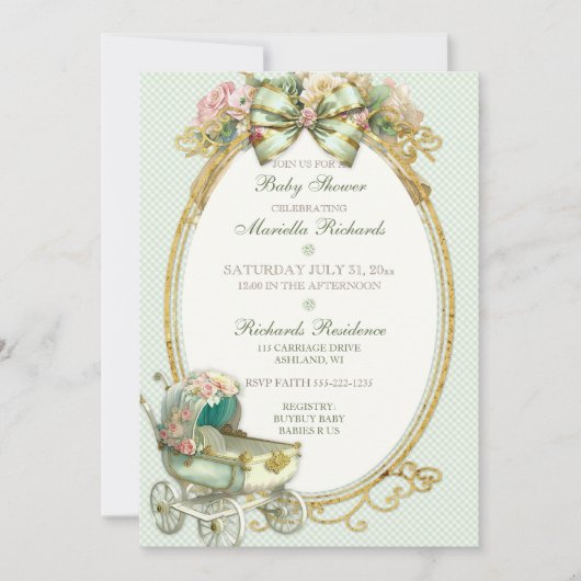 Antieke Koets Ivoor Mint Goud Rozen Gingham Kaart (Voorkant)