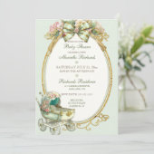 Antieke Koets Ivoor Mint Goud Rozen Gingham Kaart (Staand voorkant)