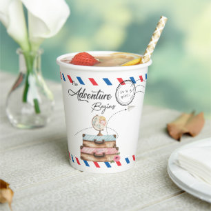 Antieke Koffer Baby Shower Meisje Avontuur Post Papieren Bekers