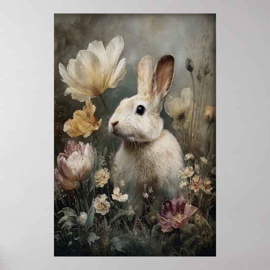 Antieke Konijn Konijn Bloemendruk, Pasen Poster (Voorkant)