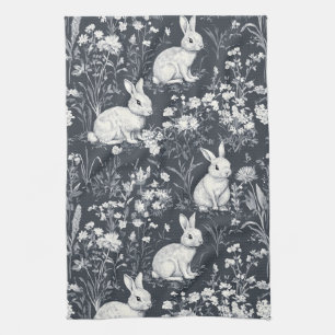 Antieke Konijn Lente Zwart Toile Patroon Theedoek