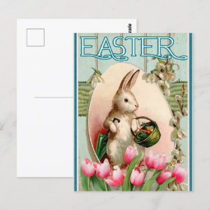 Antieke Konijn Tulp Bloemen En Paasei Briefkaart