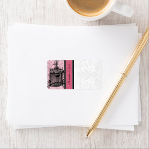 Antieke Kooi Roze & Zwarte Damast Stippen Etiket
