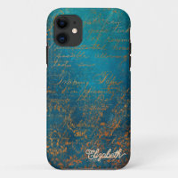 Antieke koperen patina met turquoise kalligrafie