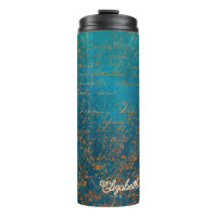 Antieke koperen patina met turquoise kalligrafie