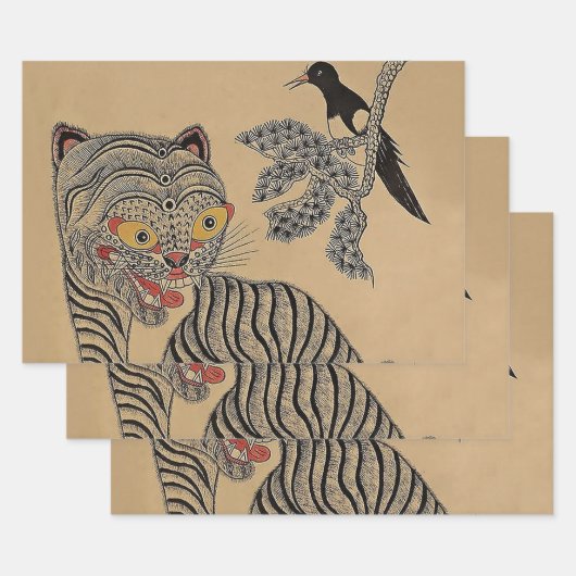 Antieke Koreaanse Minhwa Tijgerrol Inpakpapier Vel (Set)