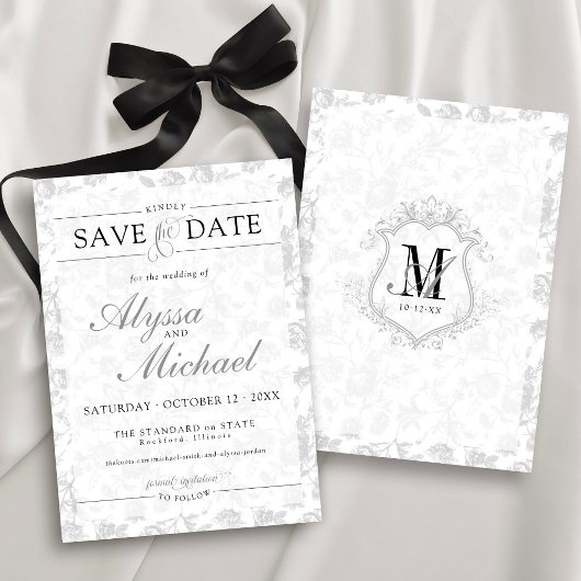 Antieke Kuif Monogram Zwarte Witte Bloemige Bruilo Save The Date