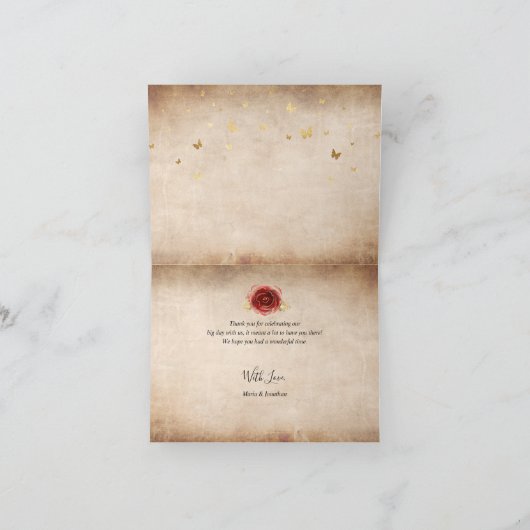 Antieke Landelijke Rode Rozen Gouden Kroon Geplooi Bedankkaart (Binnen)