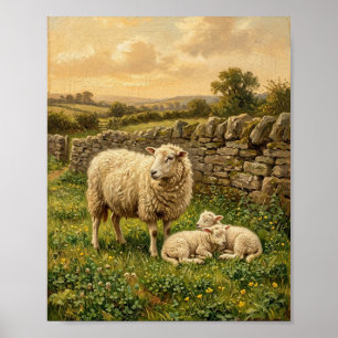 Antieke landelijke schapen lammeren weide II Poster