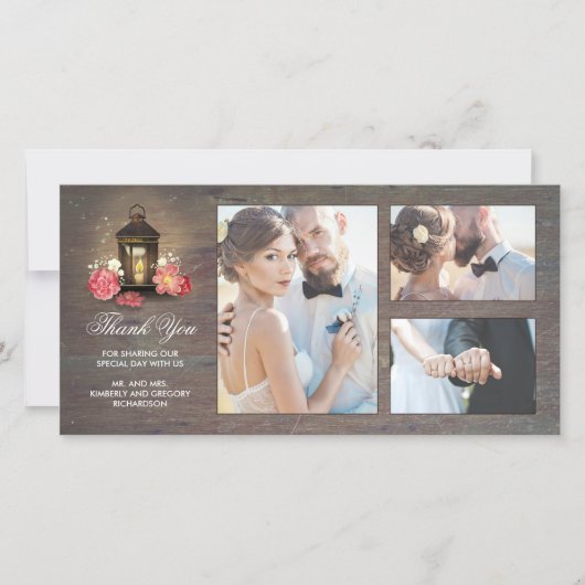 Antieke Lantaarn Landelijke Bloemige Houten Bruilo Bedankkaart (Voorkant)