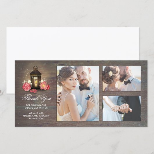 Antieke Lantaarn Landelijke Bloemige Houten Bruilo Bedankkaart (Voorkant / Achterkant)