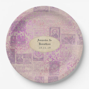 Antieke lavendel ephemera damasten bruiloft papieren bordje