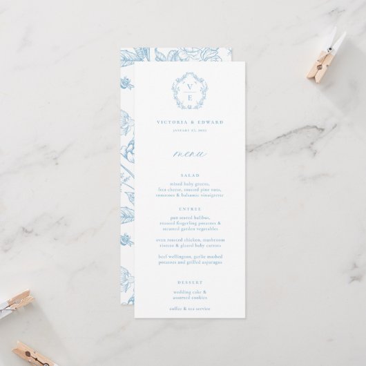 Antieke lichtblauwe monogram bloemensier menu kaart (Voorkant / Achterkant in situ)