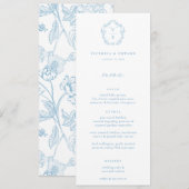 Antieke lichtblauwe monogram bloemensier menu kaart (Voorkant / Achterkant)