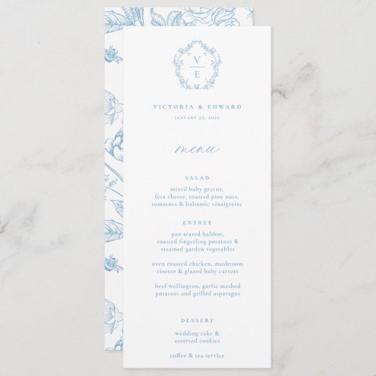 Antieke lichtblauwe monogram bloemensier menu kaart (Voorkant / Achterkant)