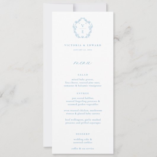 Antieke lichtblauwe monogram bloemensier menu kaart (Voorkant)