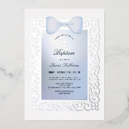 Antieke lijst blauwe strik doop folie uitnodiging