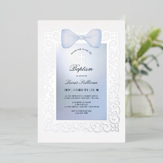 Antieke lijst blauwe strik doop folie uitnodiging (Staand Voorkant)