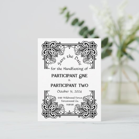 Antieke lijst handfasting vlakke save the date kaa aankondigingskaart (Staand voorkant)