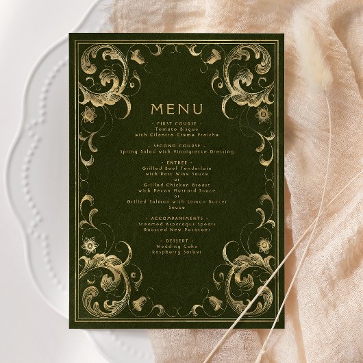 Antieke lijst olijfgroen goud bruiloft menu