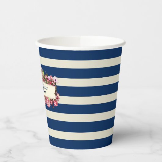 Antieke marineblauwe strepen bloemige trouw papieren bekers (Links)