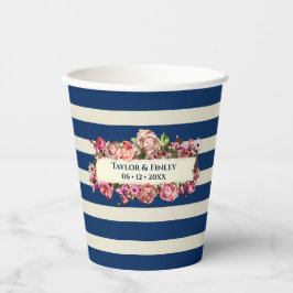 Antieke marineblauwe strepen bloemige trouw papieren bekers