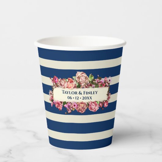 Antieke marineblauwe strepen bloemige trouw papieren bekers (Voorkant)