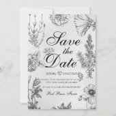 Antieke monochrome botanische bruiloft save the date (Voorkant)