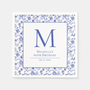 Antieke Monogram Blauw Witte Bloemige Verjaardag Servet