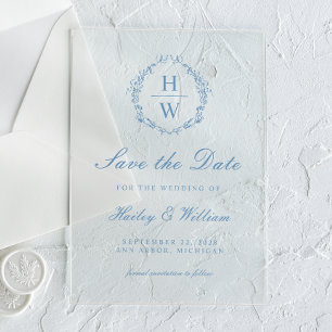 Antieke Monogram Krans Blauwe Trouw Save the Date Acryl Uitnodigingen