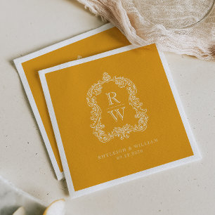 Antieke Monogram Wapenschild Marigold Geel Huwelij Servet