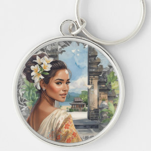 Antieke, mooie Balinese vrouwen en tropisch paradi Sleutelhanger