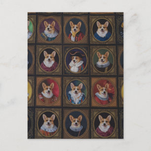 Antieke museumwand, grappige Corgi-hondenportrette Briefkaart