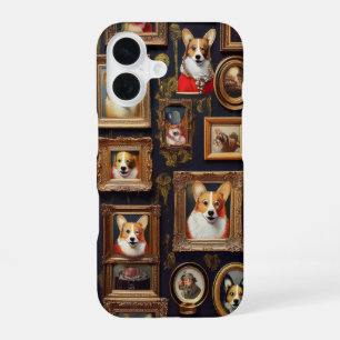 Antieke museumwand, grappige Corgi-hondenportrette iPhone 16 Hoesje