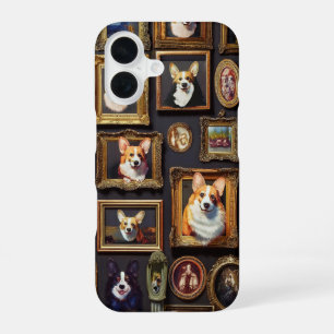 Antieke museumwand, grappige Corgi-hondenportrette iPhone 16 Hoesje