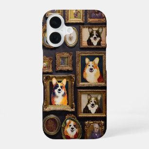 Antieke museumwand, grappige Corgi-hondenportrette iPhone 16 Hoesje