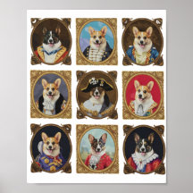 Antieke museumwand, grappige Corgi-hondenportrette