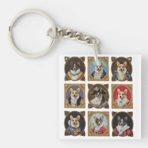 Antieke museumwand, grappige Corgi-hondenportrette Sleutelhanger