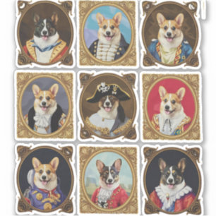 Antieke museumwand, grappige Corgi-hondenportrette Sticker