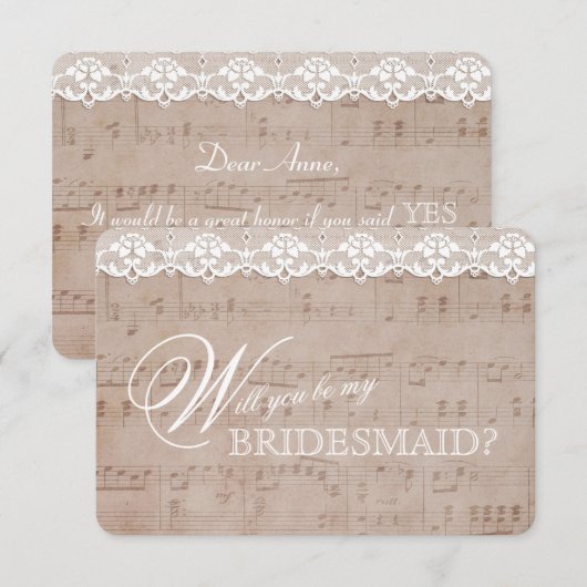 Antieke muziekblad & Kanten 'wees mijn bruidsmeisj Kaart (Voorkant / Achterkant)