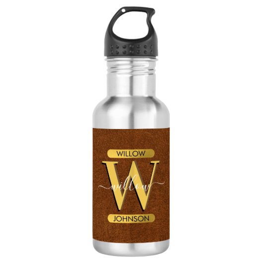 Antieke namaakleer en gouden monogram  waterfles  (Voorkant)