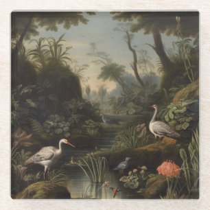 Antieke Naturalist Witte Kraan Rivier Scene Glazen Onderzetter