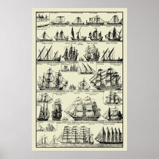 Antieke Nautilus Zeilschepen Kaart Poster (Voorkant)