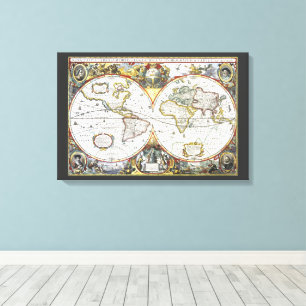 Antieke Oude Wereldkaart door Hendrik Hondius, 163 Canvas Afdruk