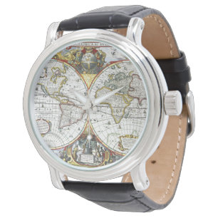 Antieke Oude Wereldkaart door Hendrik Hondius, 163 Horloge