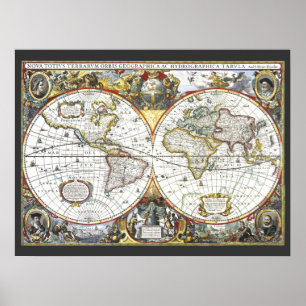 Antieke Oude Wereldkaart door Hendrik Hondius, 163 Poster
