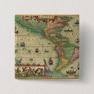Antieke Oude Wereldkaart van de Amerika's, 1606 Vierkante Button 5,1 Cm