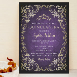 Antieke paarse gouden prinsessen tiara Quinceañera Kaart