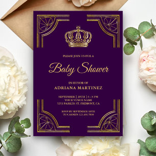 Antieke Paarse Gouden Sierlijke Kroon Baby Shower Kaart