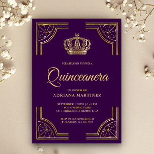 Antieke Paarse Gouden Sierlijke Kroon Quinceanera Kaart